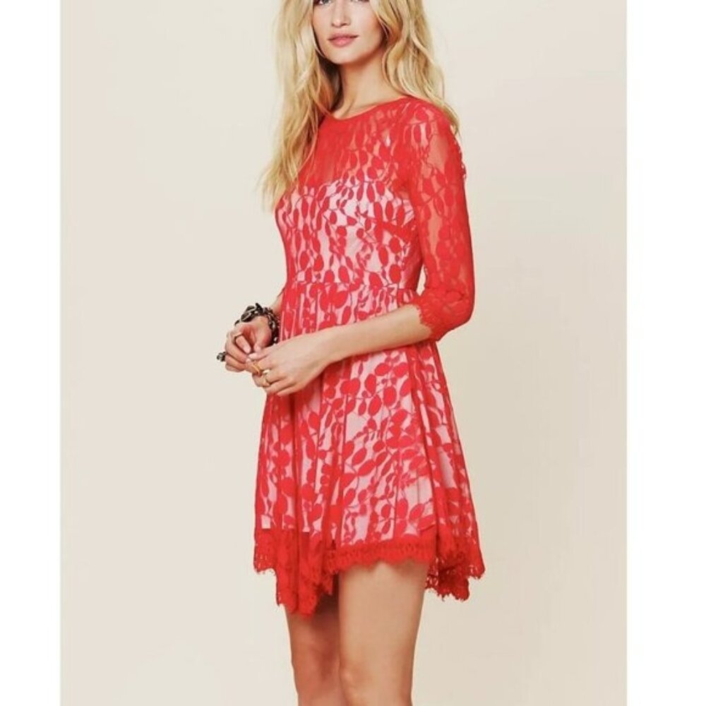 Free People Red Floral Mesh Lace Dress